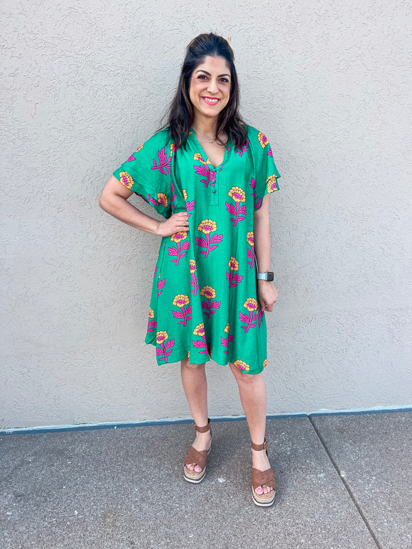 GREEN AND PINK FLORAL TUNIC DRESS