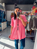 BUBBLE PINK LINEN SPLIT NECK TOP