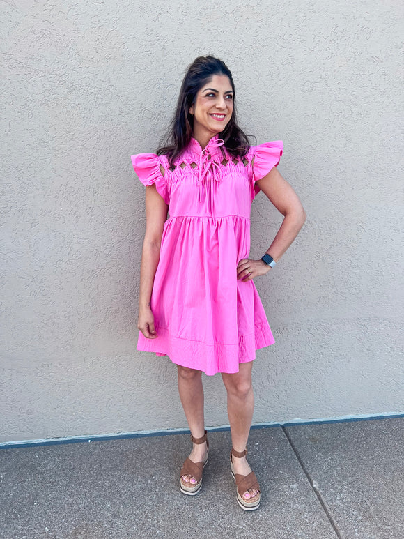 PINK RUFFLE SLEEVE CUTOUT MINI DRESS