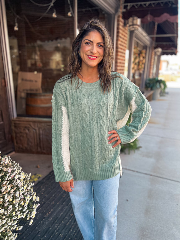 Sage Cable Knit With Hacci Combo Top