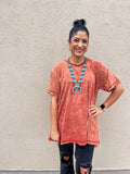 RUST CRINKLE WASHED COTTON DROP SHOULDER OVERSIZED TOP