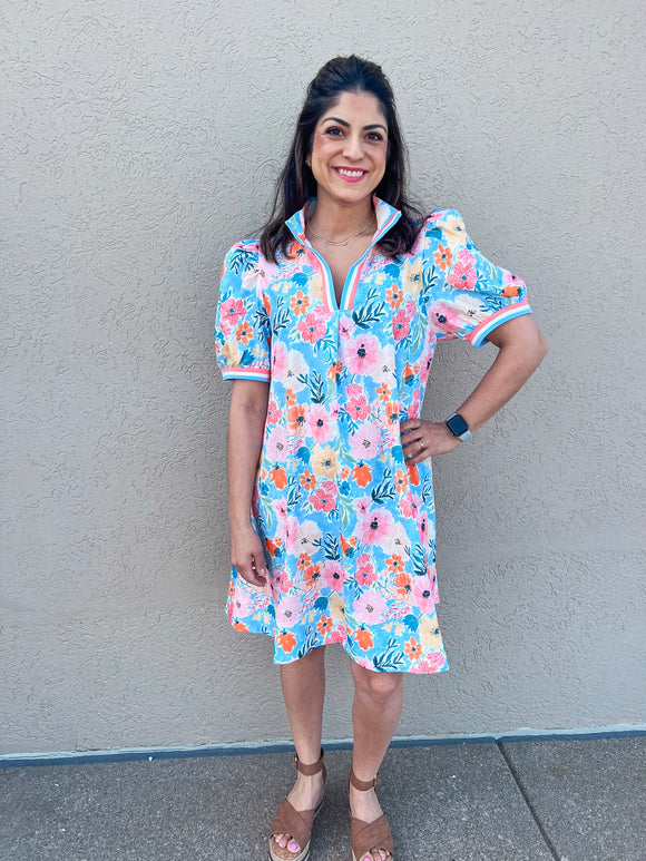 PINK/BLUE FLORAL PRINT HIGH NECK MINI