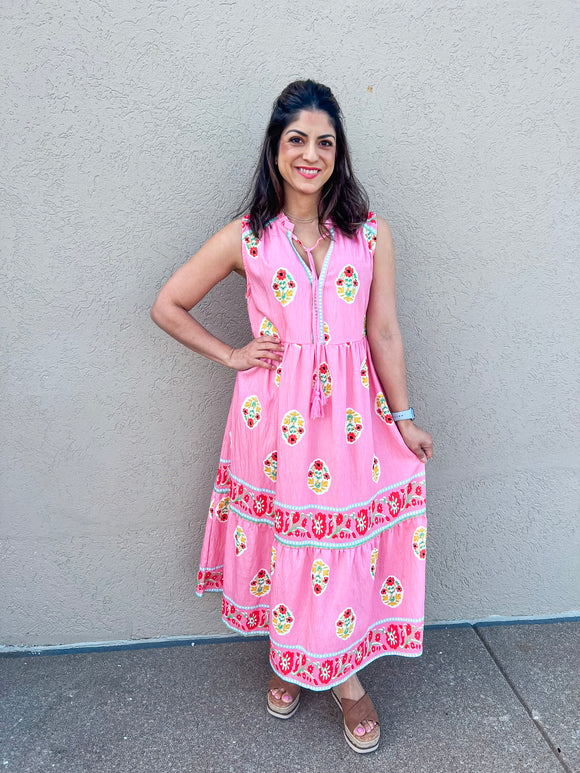 PINK BOHO EMBROIDERED SLEEVELESS MAXI