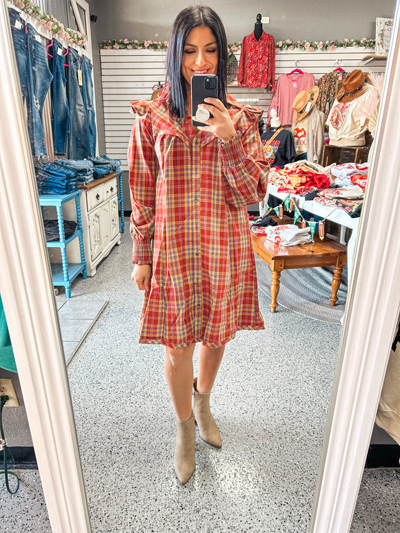 RUST PLAID MINI DRESS