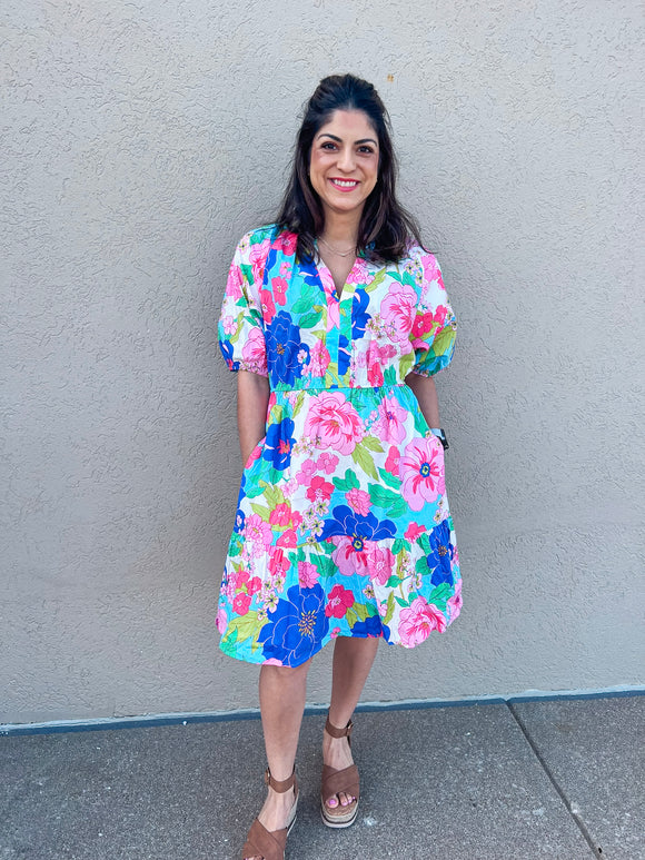 BLUE PINK SHORT SLEEVE FLORAL DRESS