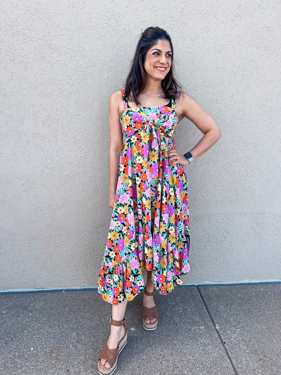 COLORFUL BLACK PRINTED RAYON CHALLIS DRESS
