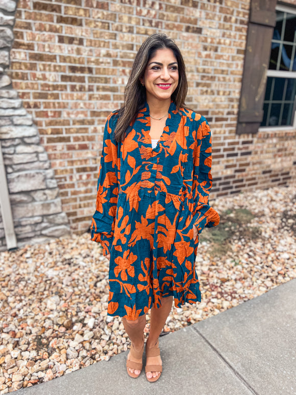 NAVY AND RUST FLORAL DRESS