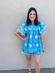 LIGHT DENIM EMBROIDERED TOP