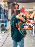 HUNTER GREEN PUFF FLORAL SLEEVE TOP