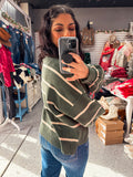 OLIVE AND OATMEAL LOOSE FIT STRIPE TURTLE NECK SWEATER TOP