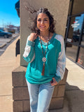 GREEN COLOR BLOCK LACE DETAIL PULLOVER