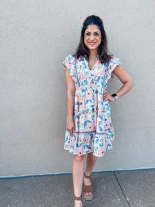 PEACH FLORAL RUFFLE DRESS