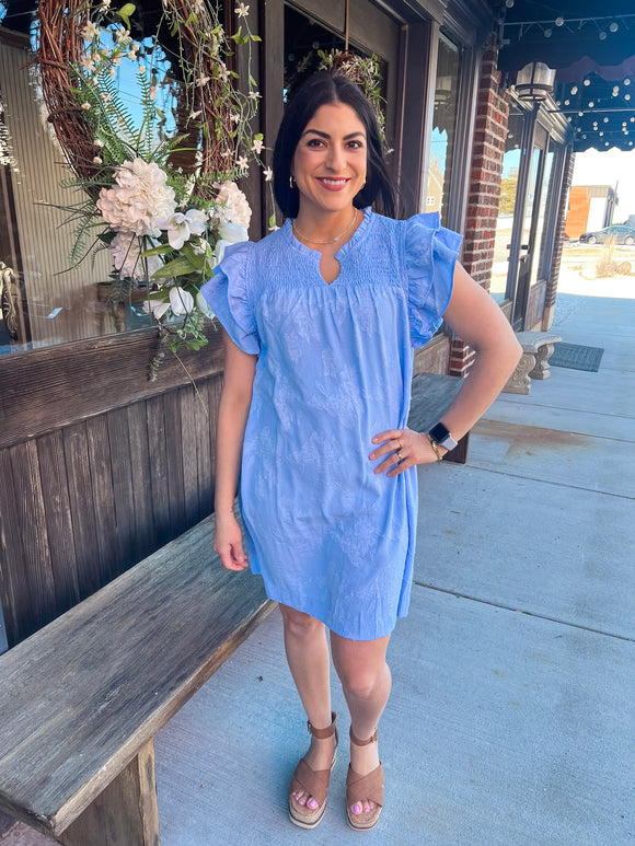 LIGHT BLUE SMOCKED FLORAL DRESS