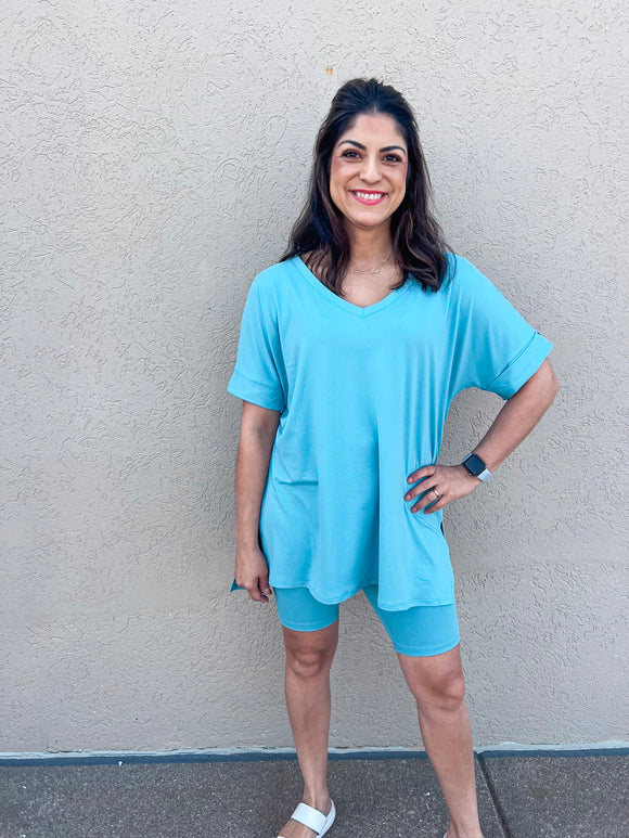 LIGHT TEAL MICROFIBER SHORTS SET