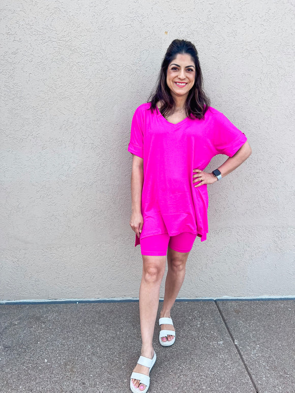 NEON HOT PINK MICROFIBER SHORTS SET