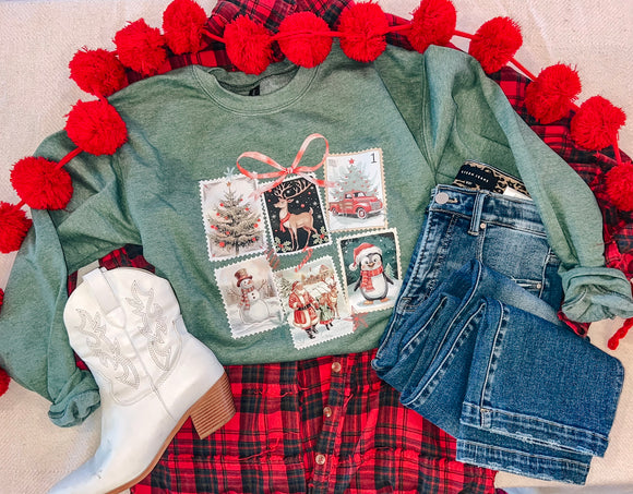 CHRISTMAS STAMPS SWEATSHIRT (H GREEN)