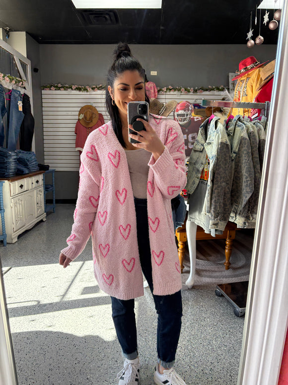 PINK FUZZY HEARTS CARDIGAN