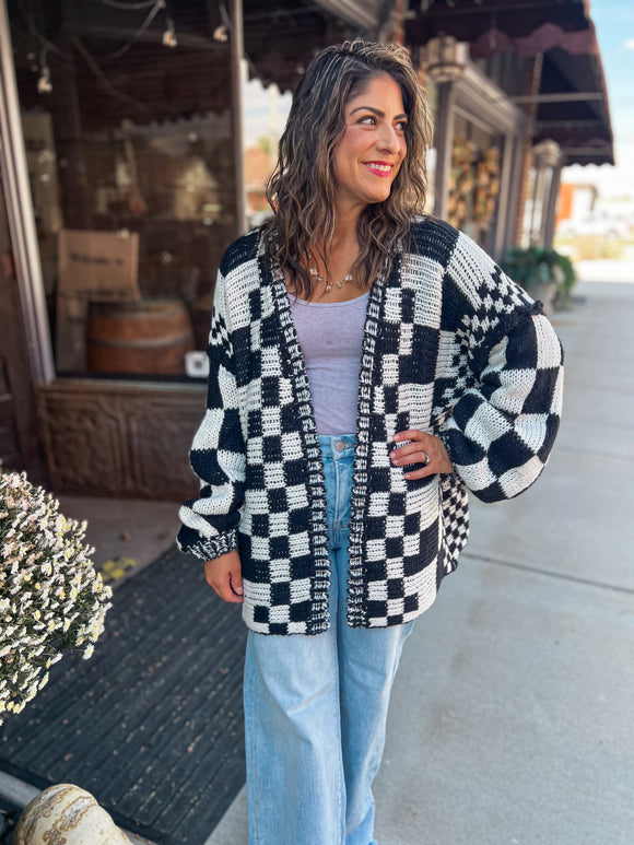 Black Mixed Check Pattern Loose Fit Chunky Cardigan