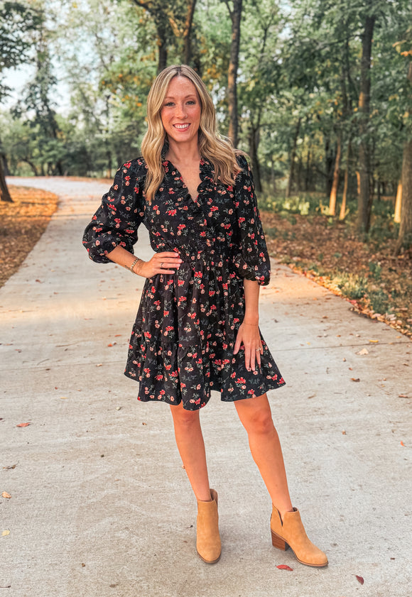 Black Floral Corduroy Dress