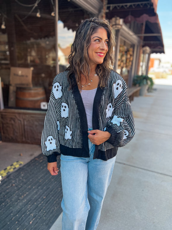 Halloween Pumpkin Bat Artwork Open Front Cardigan