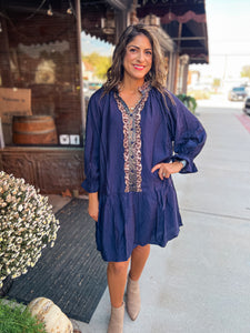 NAVY LEOPARD DETAILS DRESS
