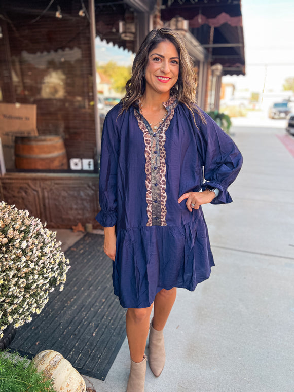 NAVY LEOPARD DETAILS DRESS