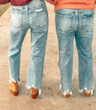 Risen High Rise Crop Straight Distressed Hem Jeans