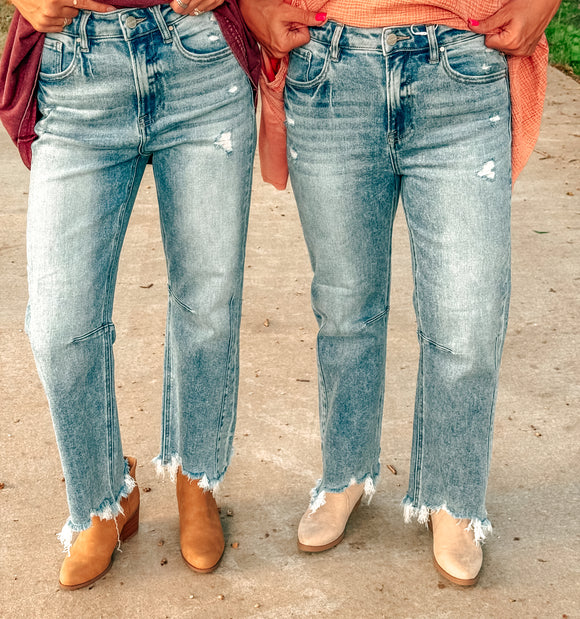 Risen High Rise Crop Straight Distressed Hem Jeans