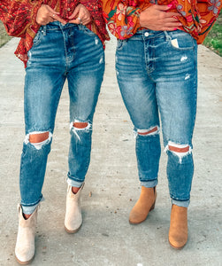 Risen High Rise Knee Distressed Skinny Jeans