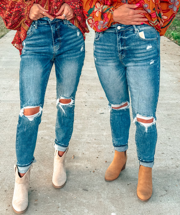 Risen High Rise Knee Distressed Skinny Jeans