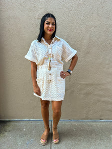 CREAM TEXTURED BUTTONS DRESS