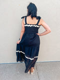 Black Checkered Organza Sleeveless Ribbon Tie Tiered Maxi Dress