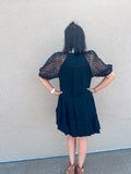 Black Linen Tiered A-Line Split Neck Dress