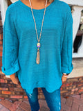 TEAL BLUE WAFFLE KNIT TOP