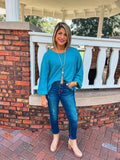 TEAL BLUE WAFFLE KNIT TOP