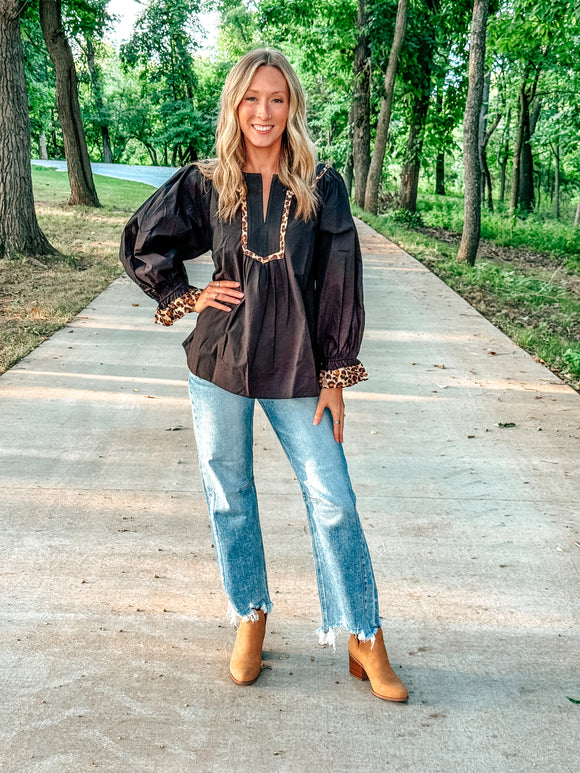 Leopard Trim Long Sleeve Blouse