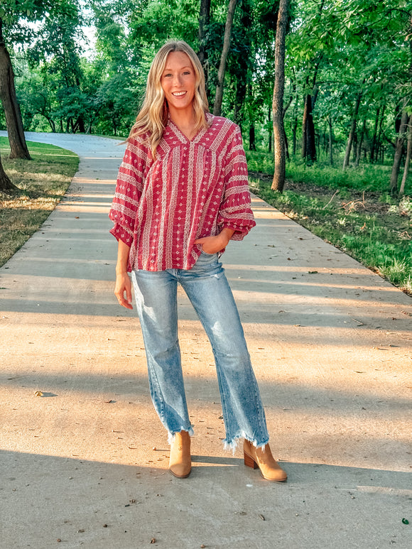 Boho Embroidered Stripe Blouse