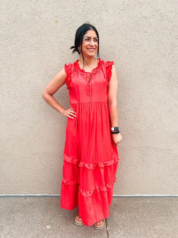 RED CORAL RUFFLE DRESS