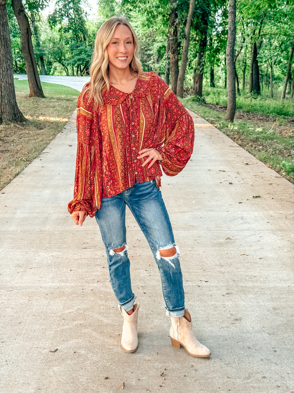 Camel Printed Rayon Gauze Babydoll Tunic Blouse