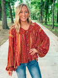 Camel Printed Rayon Gauze Babydoll Tunic Blouse