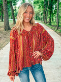 Camel Printed Rayon Gauze Babydoll Tunic Blouse