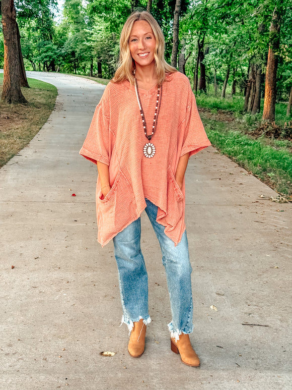 Peach Washed Cotton Gauze Oversized Top