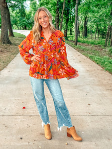 Camel Split V Neck Top with Balloon Sleeves