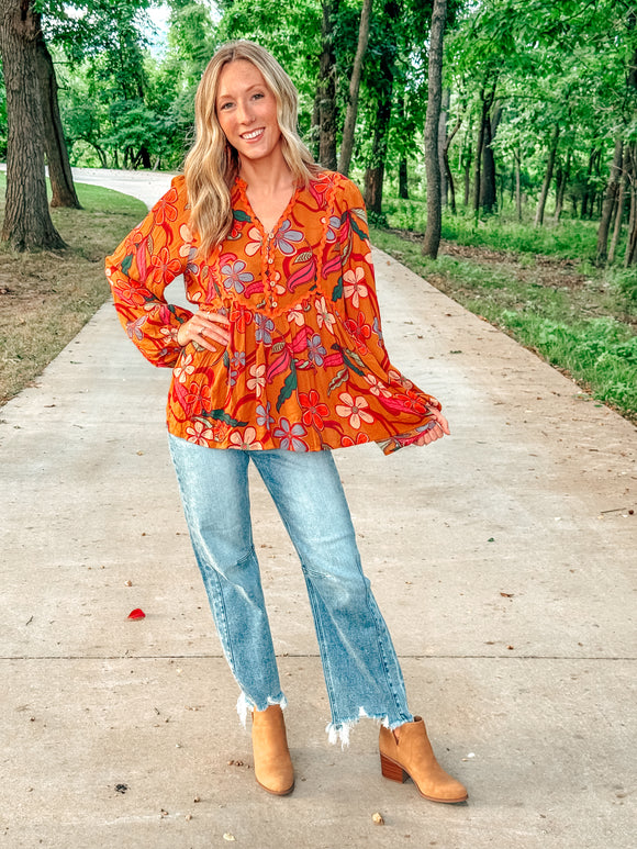 Camel Split V Neck Top with Balloon Sleeves