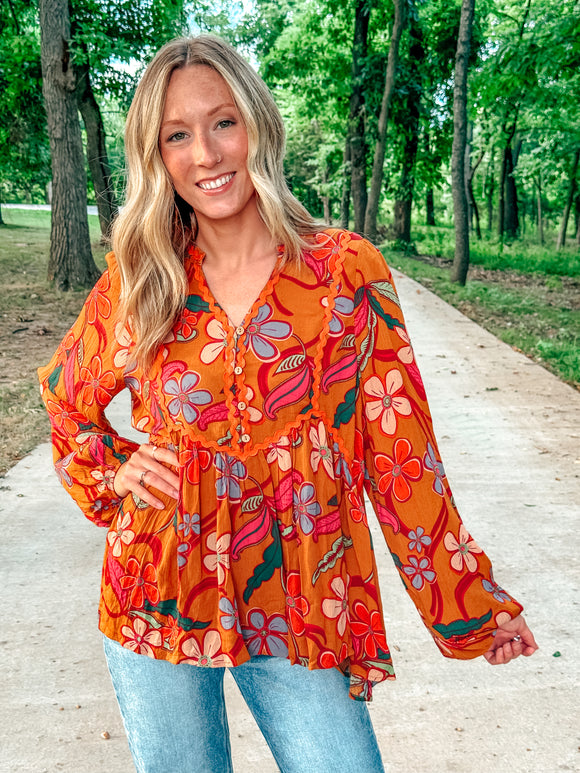 Printed Rayon Gauze Button Down Woven Top