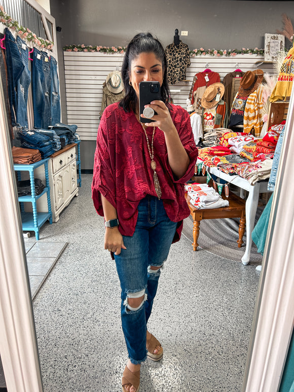 Burgundy Floral Burnout Top