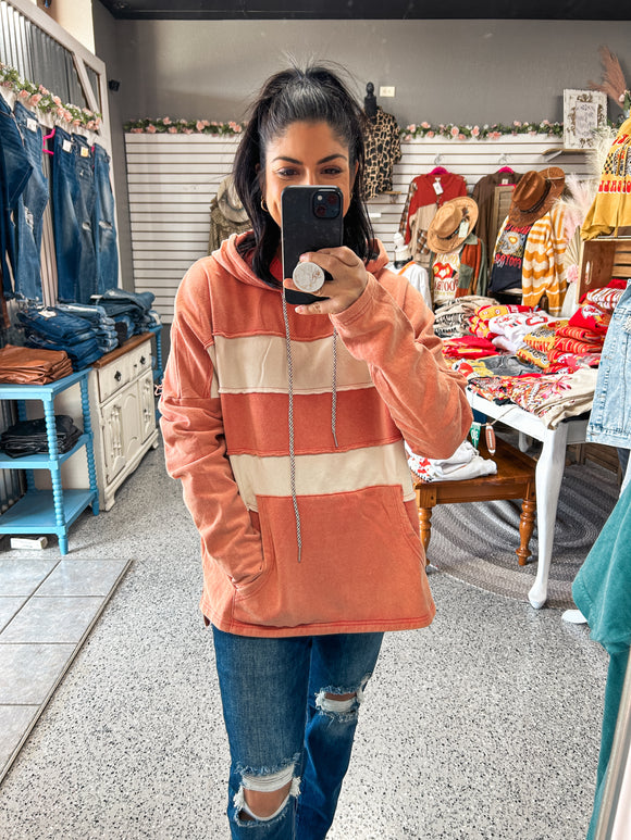 CORAL COLOR BLOCK WASHED HOODIE PULLOVER