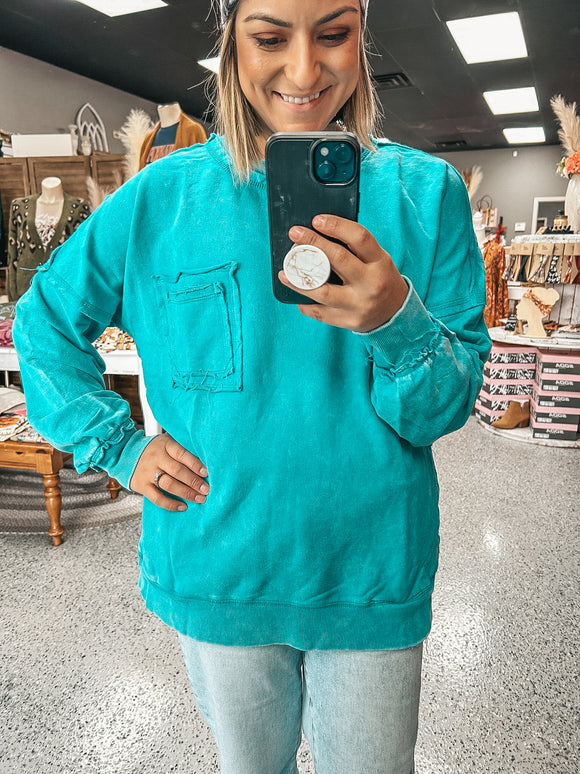 TEAL ACID WASH FRENCH TERRY PULLOVER