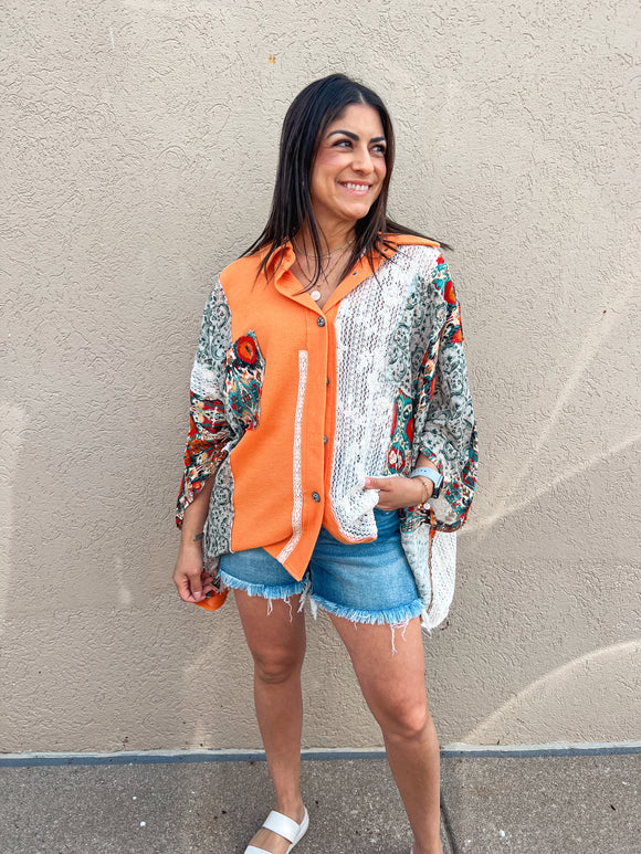 ORANGE LACE/COTTON MIX DESIGN BUTTON UP