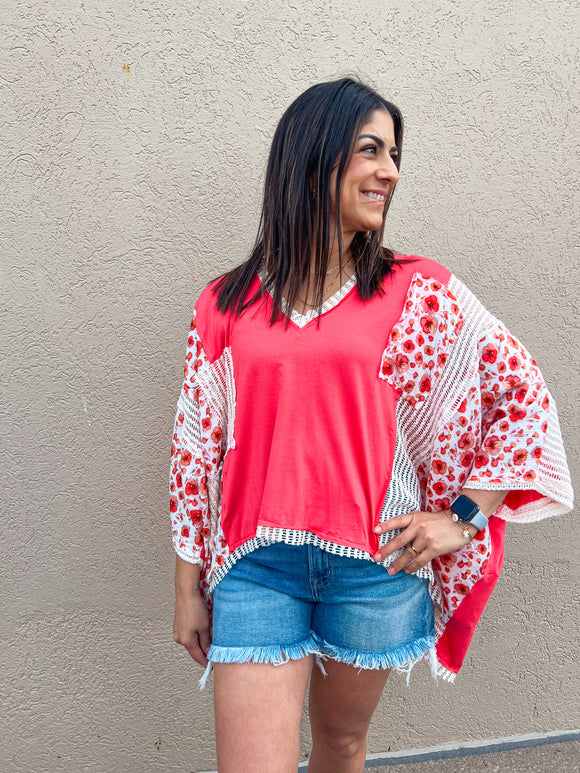 CORAL POPPY FLOWER KNIT MIX TOP